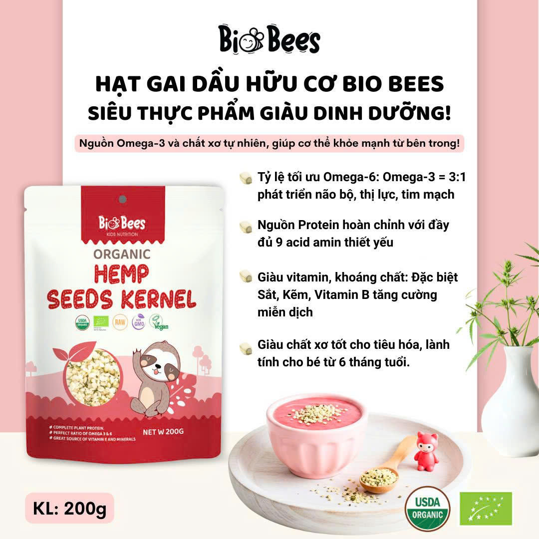 Hạt Gai Hữu Cơ Đã Tách Vỏ BioBees 200g - Giàu Omega 3-6, Protein Thực Vật, Tốt Cho Tim Mạch &amp; Não Bộ