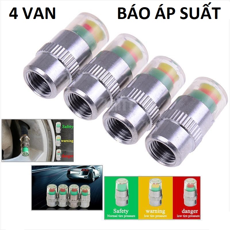 Bộ 4 nắp van cảm biến áp suất lốp ô tô hiển thị 3 màu giúp bạn lái xe an toàn