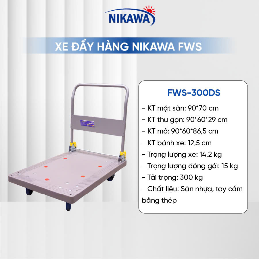 Xe Đẩy Hàng Nikawa FWS-150DS/300DS tải trọng 150-300kg sàn nhựa bánh xe cao su cao cấp. bảo hành 18 tháng - Xám