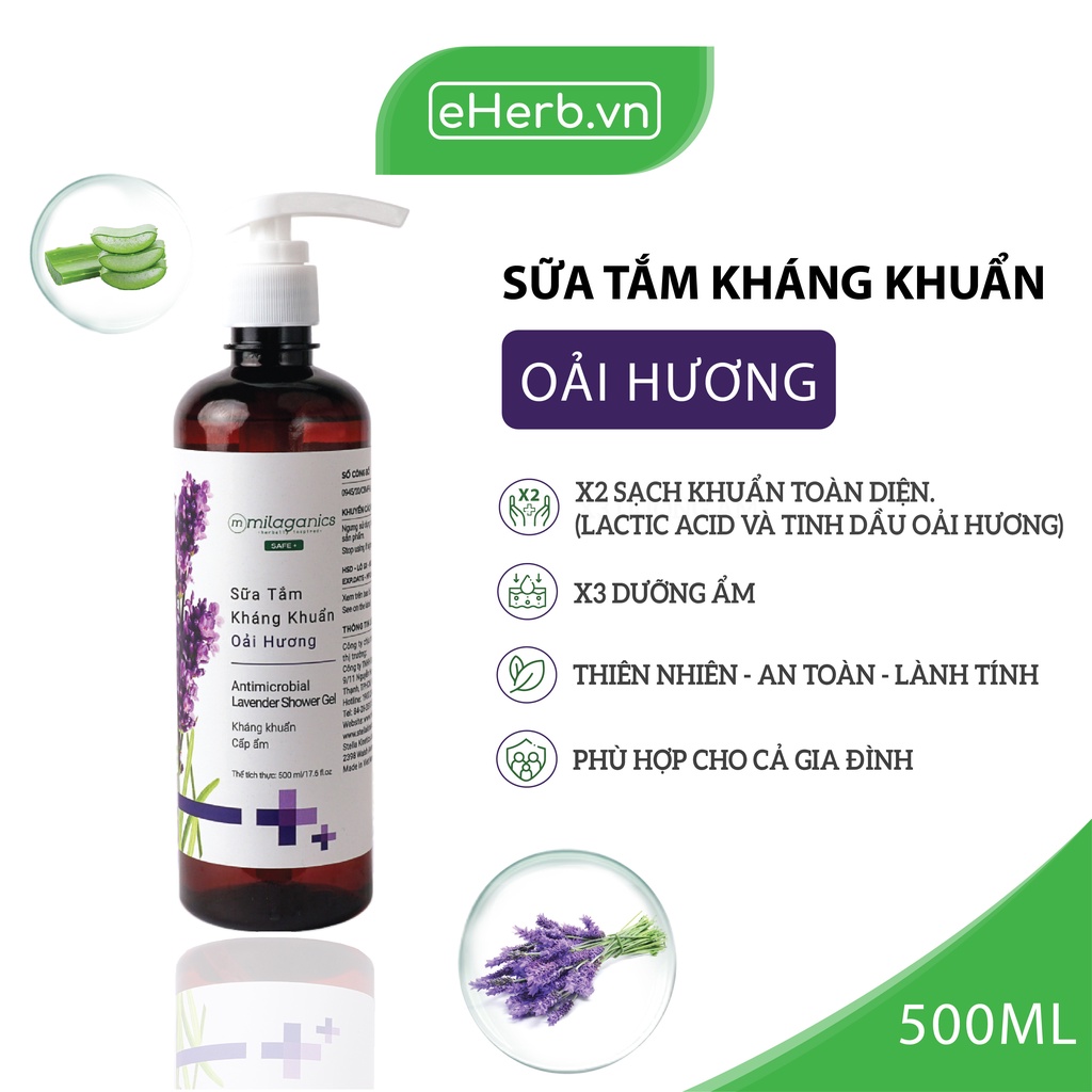 Sữa Tắm Kháng Khuẩn Oải Hương - Kháng Khuẩn An Toàn, Làm Sạch Dịu Nhẹ Milaganics (500ml/ Chai)