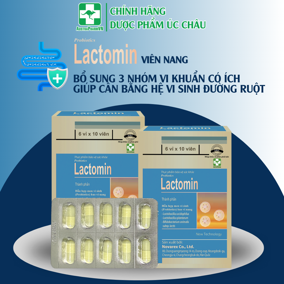 Lactomin  bổ sung 3 loại men vi sinh có ích được bao vi nang, dùng cho người bị tiêu chảy, táo bón, dùng kháng sinh dài ngày