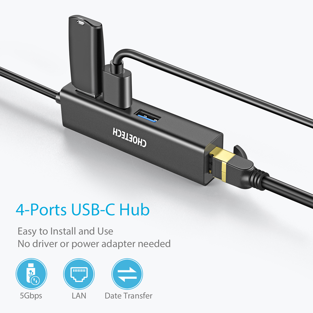 Bộ chuyển đổi USB C sang Ethernet 4 trong 1 CHOETECH HUB-U02BK - Hàng Chính Hãng