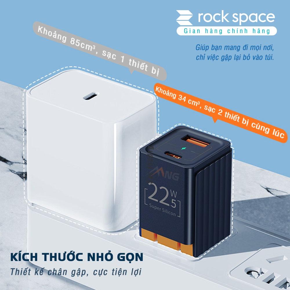 Củ Sạc Nhanh Rockspace T66 mini dành cho Iphone , 2 cổng USB - TypeC chuẩn PD 22.5W - Hàng chính hãng