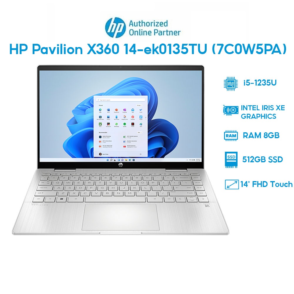 Laptop HP Pavilion X360 14-ek0135TU 7C0W5PA (i5-1235U | 8GB | 512GB | Intel Iris Xe Graphics | 14' FHD Touch | Win 11) Hàng chính hãng