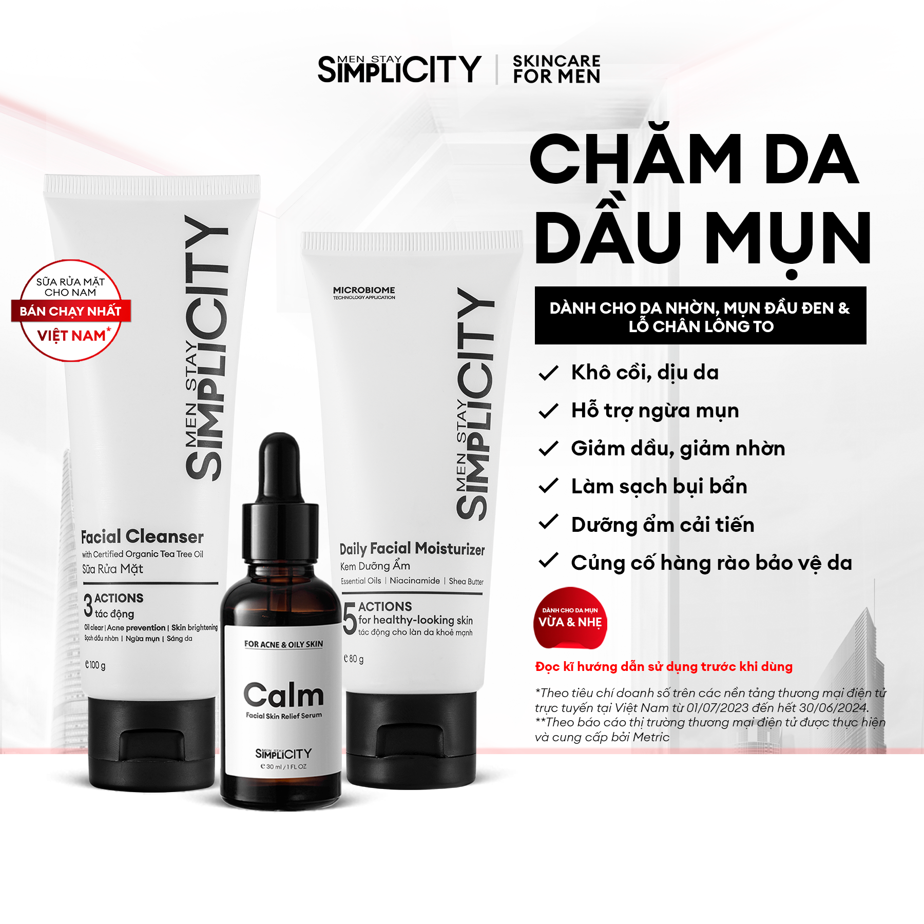 Bộ Sản Phẩm Men Stay Simplicity Chăm Sóc Da Dầu Mụn Cho Nam Acne Relief Skincare Trio Sữa Rửa Mặt 100G X Serum 30Ml X Kem Dưỡng Ẩm 80G