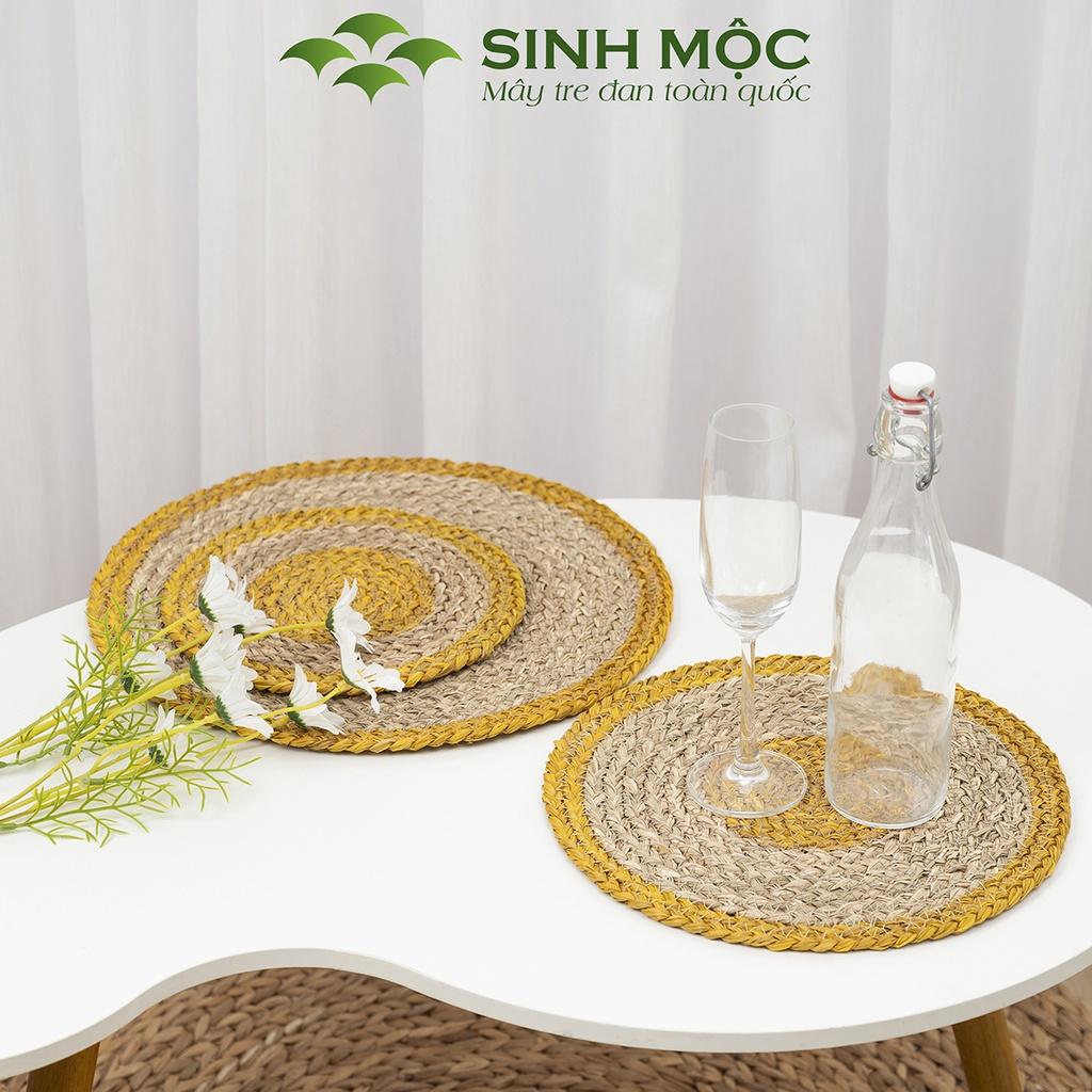 Tấm lót cói tự nhiên pha vàng, lót bàn ăn, lót ly, lót cốc, Decor chụp ảnh, tấm lót Sinh Mộc - M2002