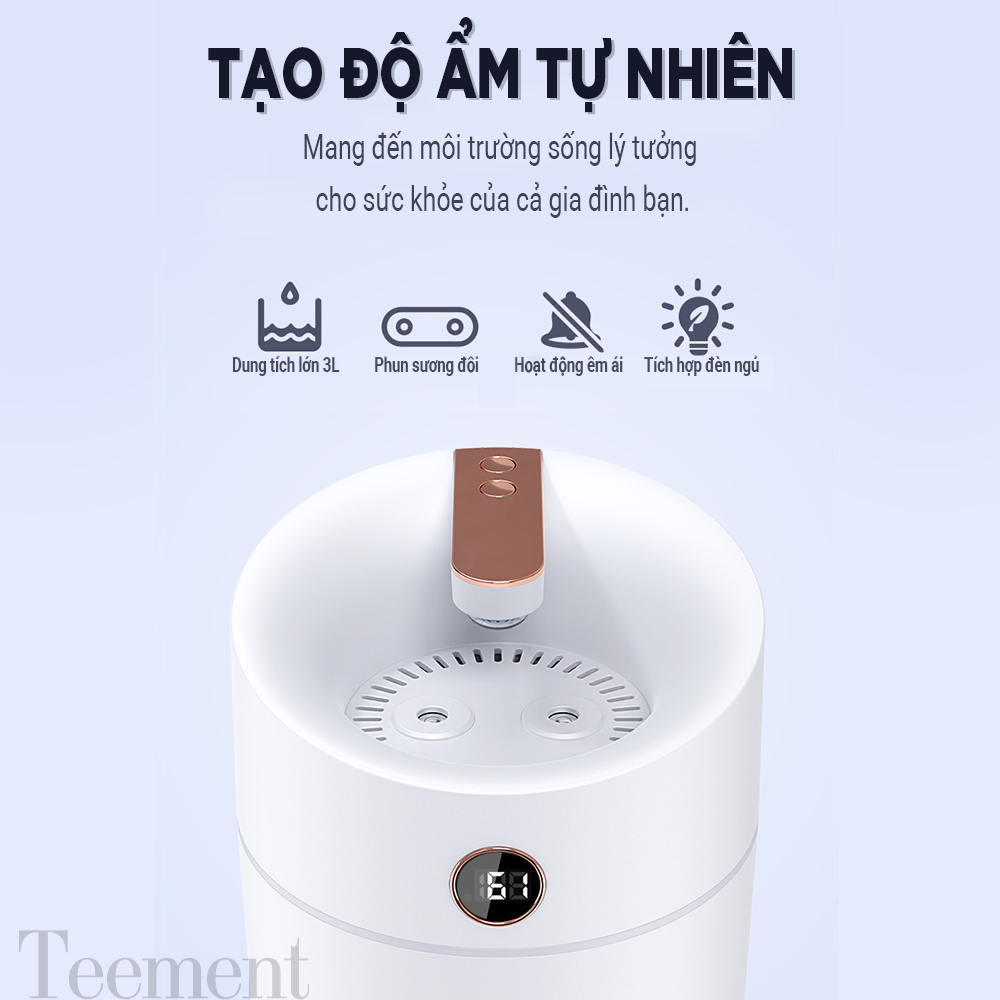 Máy Phun Sương Nano Tạo Ẩm Không Khí TEEMENT, Máy Xông Và Khuyếch Tán Tinh Dầu Dung Tích 3 Lít Với 3 Chế Độ Phun, Tích Hợp Đèn Ngủ Tự Thay Đổi Màu Sắc, Phun Liên Tục 20h Và Tự Ngắt Khi Hết Nước - Hàng Chính Hãng