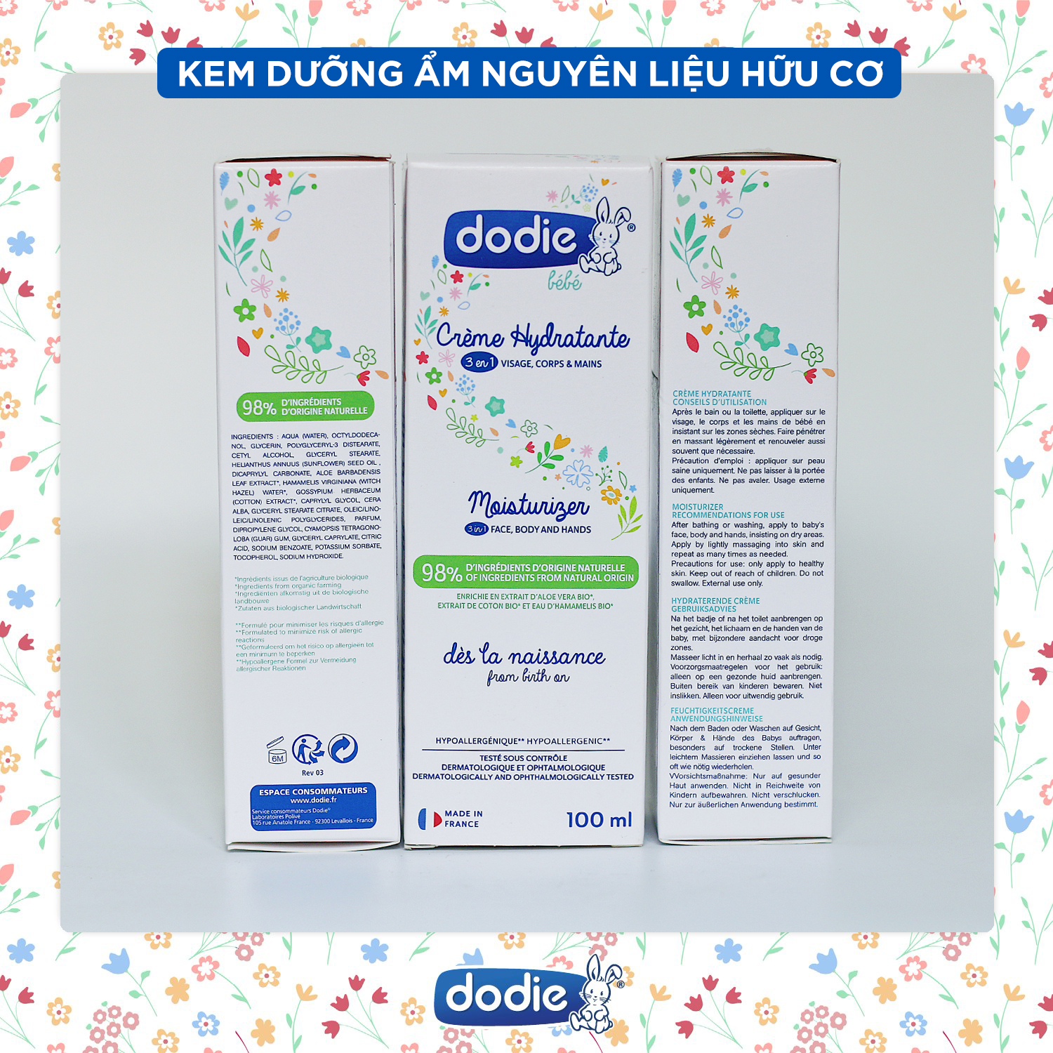 Kem Dưỡng Ẩm Cho Bé Dodie 3 Trong 1 Crème Hydrante 98% Thành Phần Tự Nhiên Cho Trẻ Từ 0M+  - Dung Tích 100ML