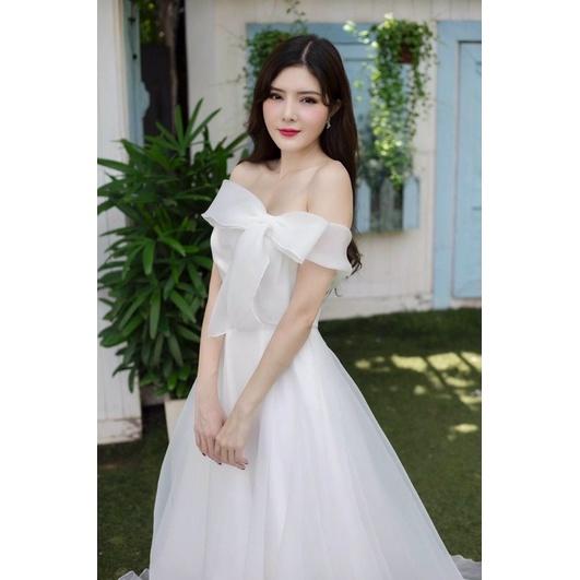 Đầm váy nữ maxi nơ trễ vai có 2 màu trắng đỏ