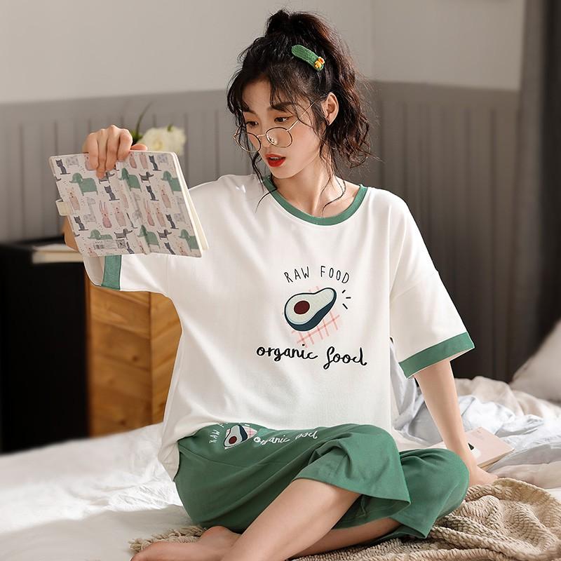 Bộ đồ đôi nam nữ mùa hè, chất vải cotton tự nhiên thoáng mát, tông màu xanh dịu nhé, họa tiết vui nhộn đáng yêu