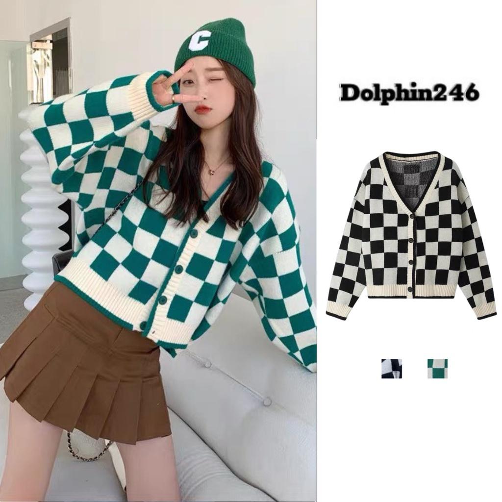 Áo khoác cardigan len dáng croptop sọc caro màu xanh đen phong cách hàn quốc D-10