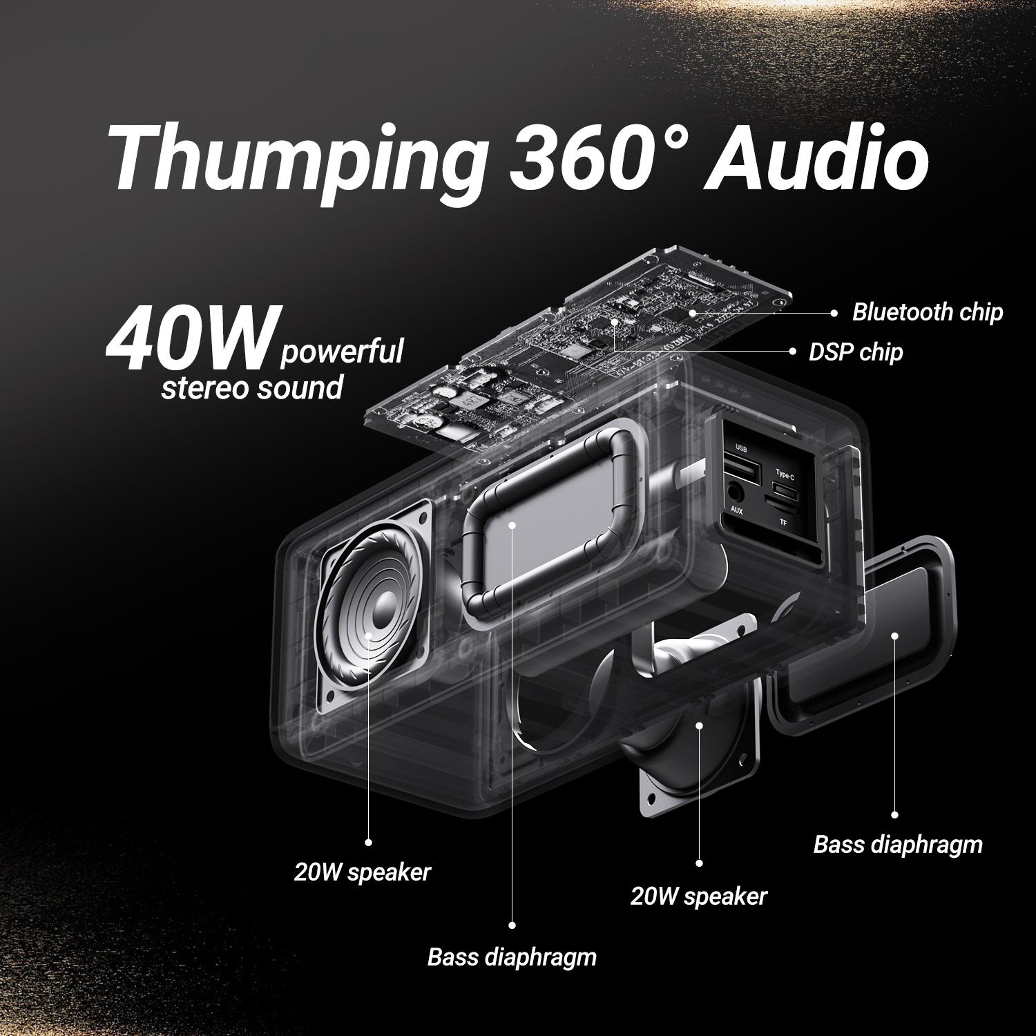 Loa Bluetooth BOGASING M5 Loa không dây Bluetooth 5.3 40W với âm thanh vòm 360 độ, chống nước IPX7, thời gian phát 30 giờ Màu sắc: Đen