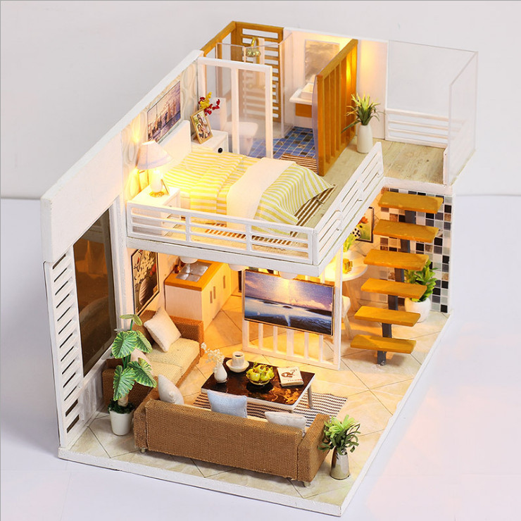 Mô hình nhà DIY Doll House Simple and Elegan Kèm Đèn LED và Mica chống bụi