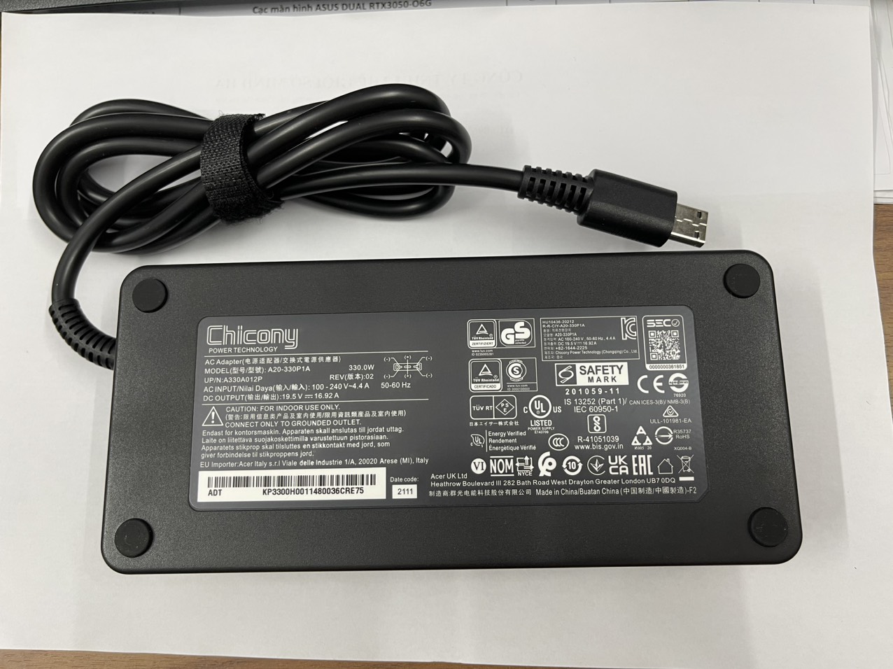 Sạc dành cho Laptop Gaming MSI Raider GE77HX 12UH/i9/3080 RTX ADP-330CB B Delta/Chicony AC Adapter 330W USB Tip hàng nhập khẩu