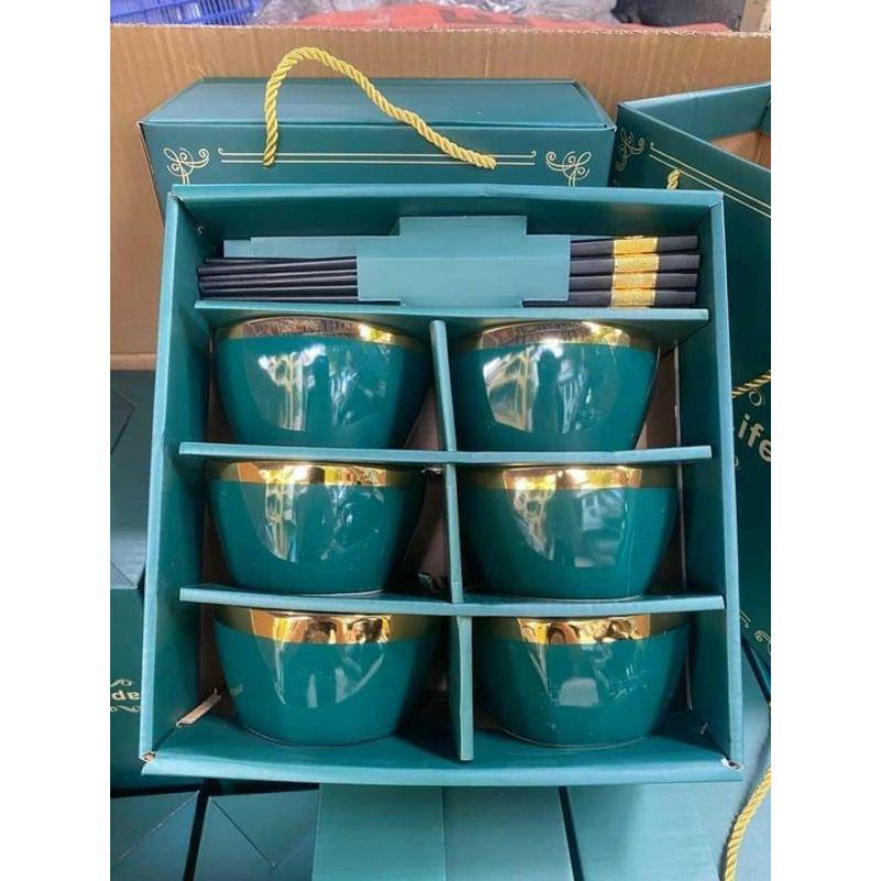 Bộ 6 bát sứ xanh viền vàng cao cấp kèm đũa