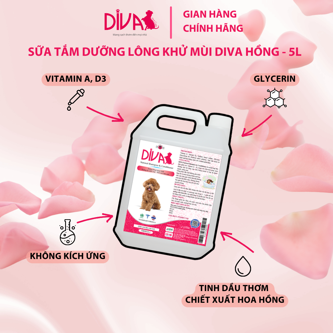 SỮA TẮM CHÓ DƯỠNG LÔNG KHỬ MÙI DIVA HỒNG 5L (DIVA FORMULA 2)