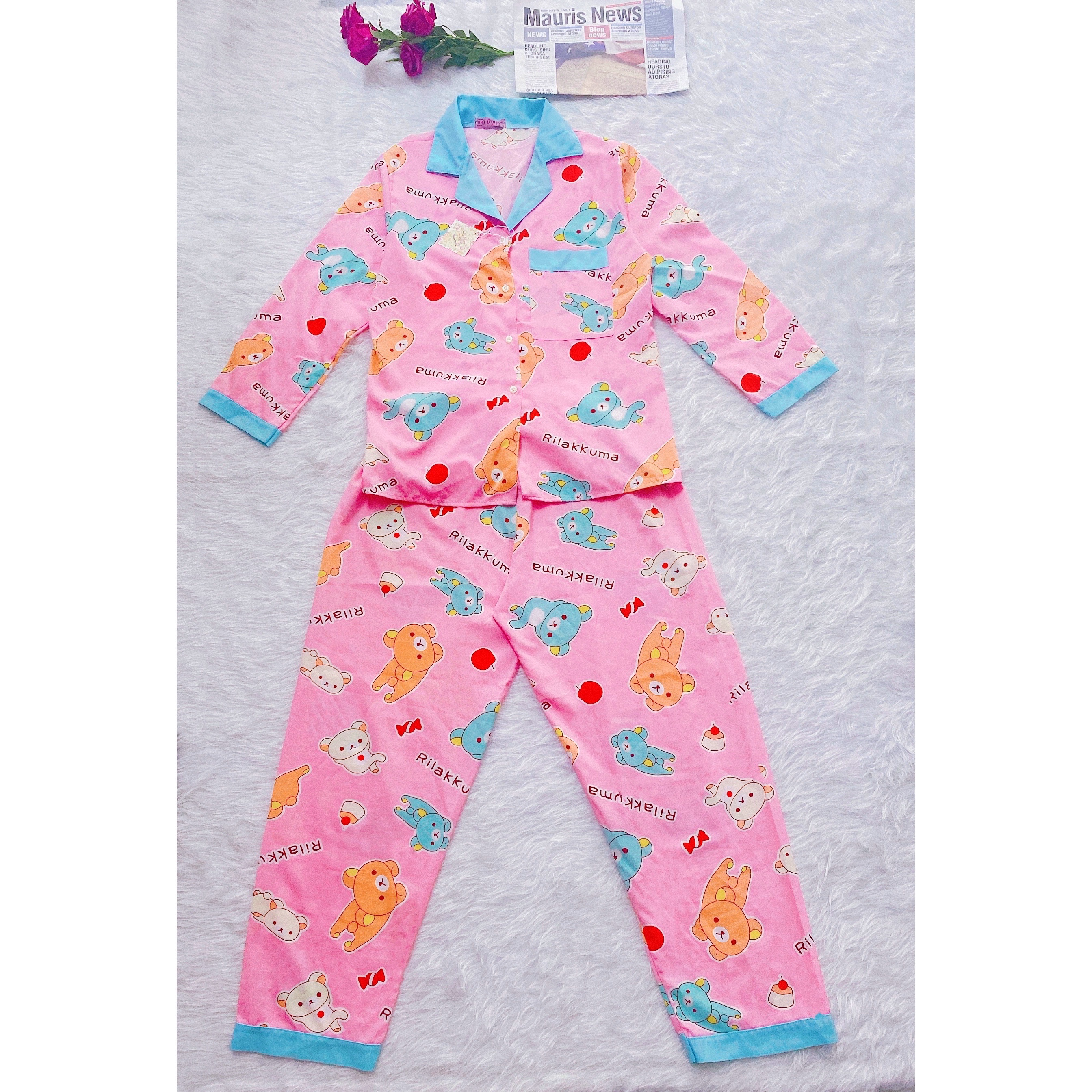 Đồ Bộ Pijama Gấu Hồng Xanh Lụa Thái Mịn Hoạ Tiết Tay Dài Quần Dài Siêu Xinh