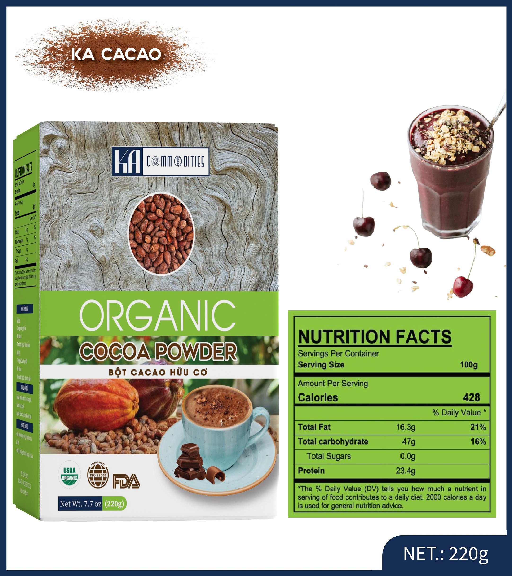 Bột Cacao Hữu Cơ Nguyên Chất KA CACAO - Không đường - Hương vị sôcola tự nhiên, đậm đà - Không hương liệu, phụ gia