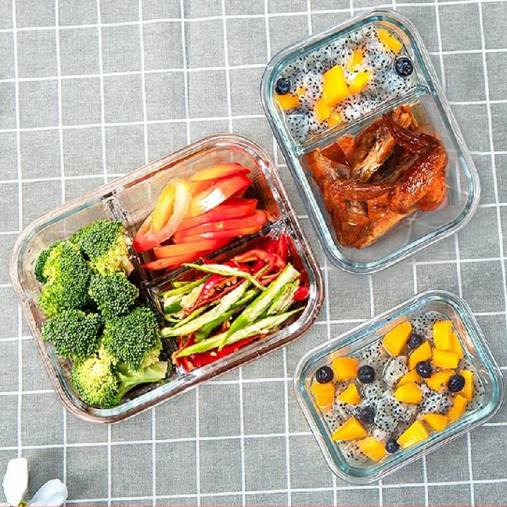 Hộp thủy tinh red cherry 2 ngăn, 3 ngăn cao cấp đựng và bảo quản thực phẩm, cơm, thức ăn văn phòng mang đi làm, dung tích 1000ml - Thố thủy tinh có nắp, chất liệu thủy tinh trong suốt, dày dặn chắc tay