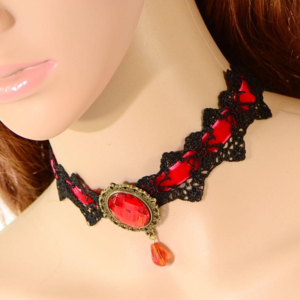 2-4pack Fashion Red Gem Pendant Lace Collar Necklace Choker Chunky Red Black