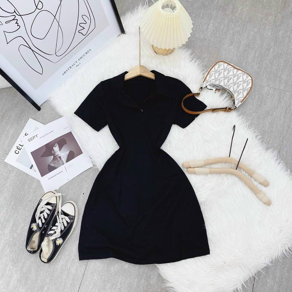 Đầm đen cổ polo ôm body xẻ dáng basic năng động