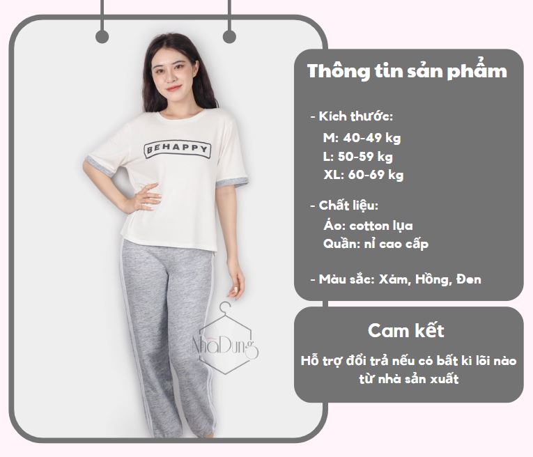 Đồ bộ mặc nhà đồ thể thao nữ cotton lụa mềm mát trẻ trung năng động Nhã Dung Store dưới 70kg