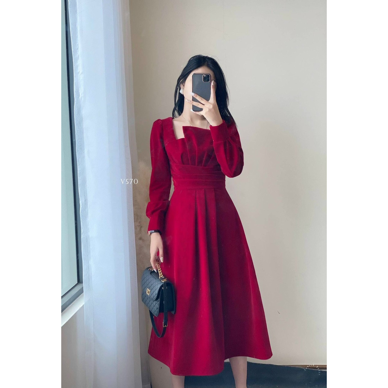 Đầm tay dài cổ tầng 2 màu
