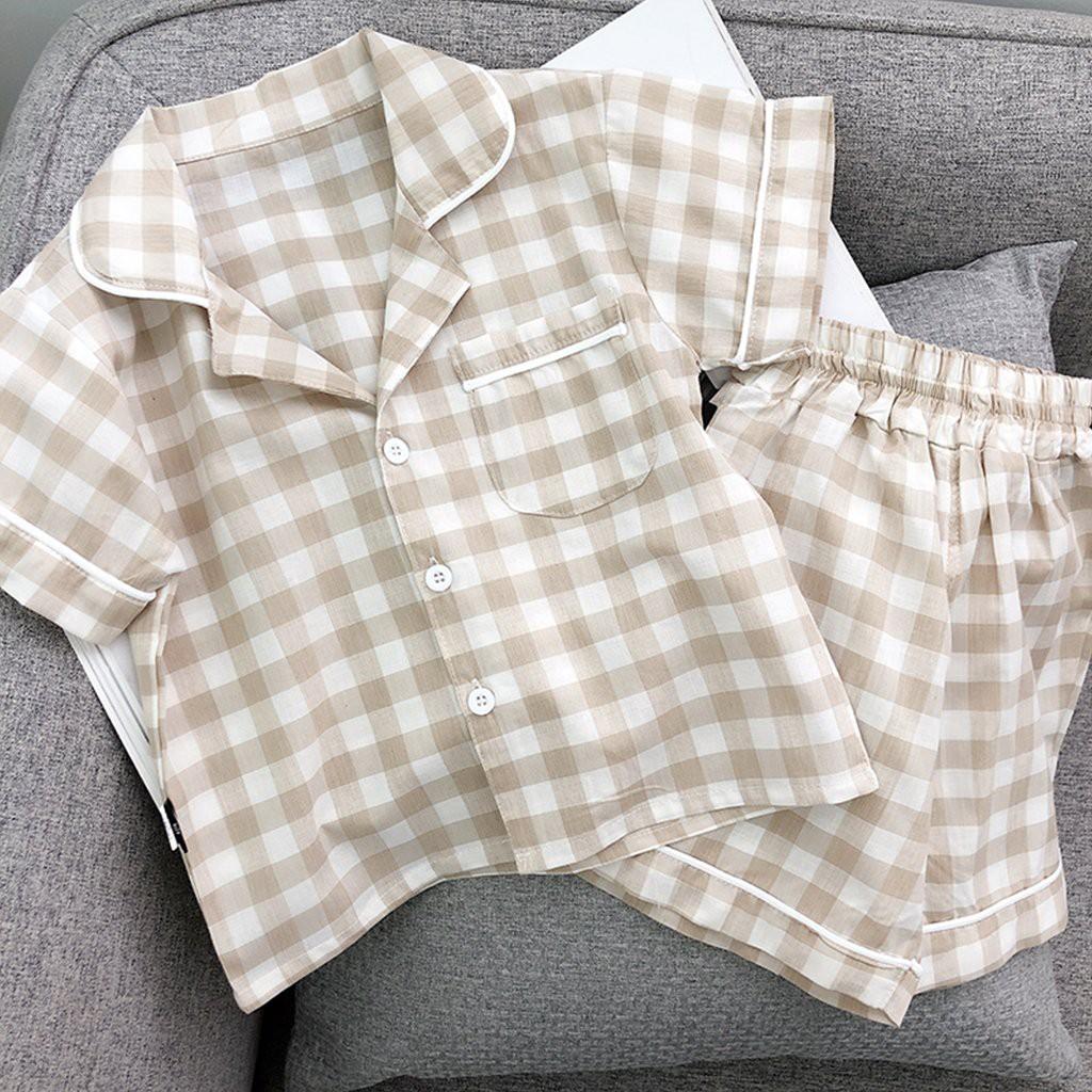 Bộ Pijama Kẻ Caro Cộc Tay Cho Bé SUMO KIDS, Đồ Bộ Bé Trai, Gái Mặc Đều Xinh Chất Thô Đũi Cho Bé Từ 6-27kg