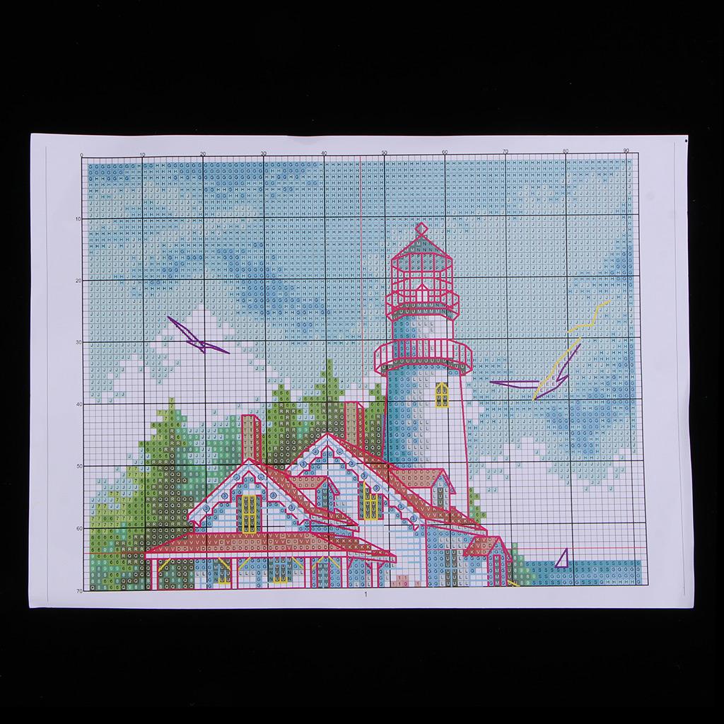 Seaside Lighthouse Stamped Cross Stitch Kit DIY Embroidery Home Decor 14CT
