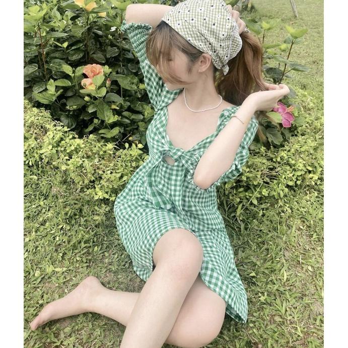 Váy nơ ngực kẻ xanh 68108