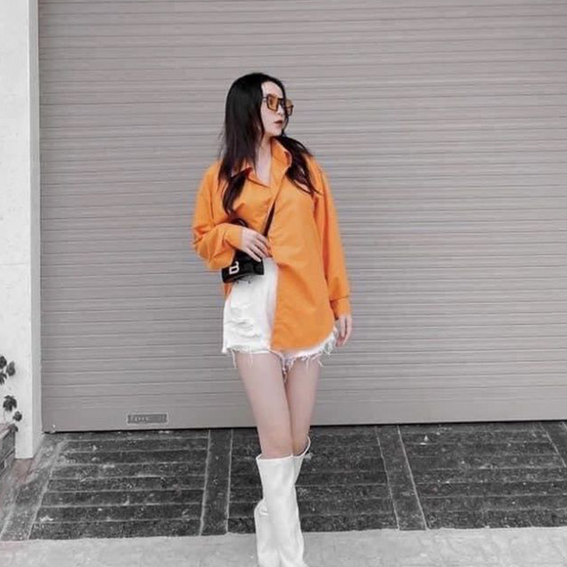 Áo sơ mi nữ cổ đức trơn màu cam dài tay ATN749