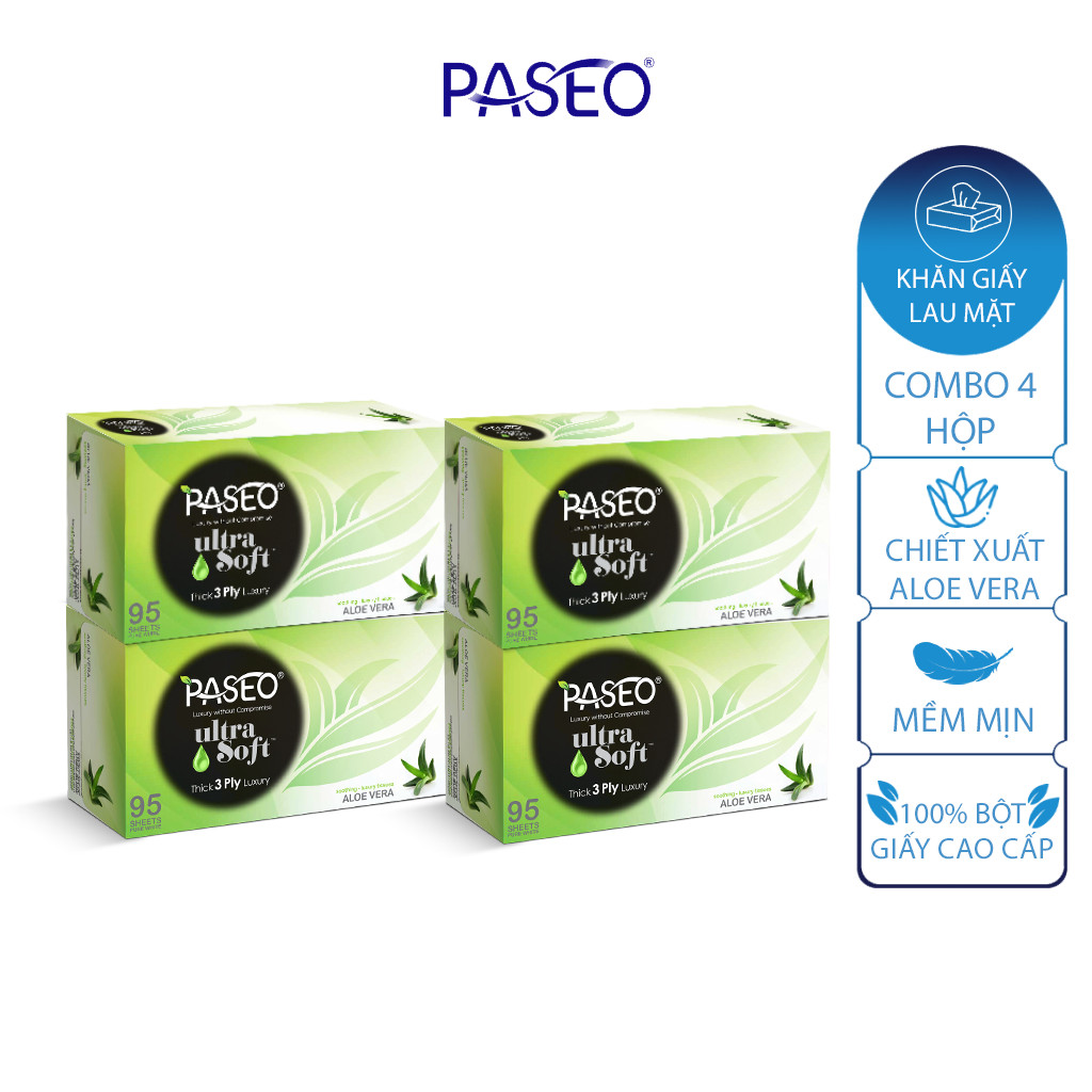 Combo 4 hộp khăn giấy Paseo chiết xuất Aloe Vera 95 tờ 3 lớp, mềm mịn như nhung, PEFC cert.