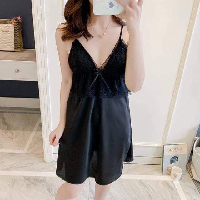 [Rose Sleepwear] Váy ngủ lụa kết hợp ren ngực-RN1