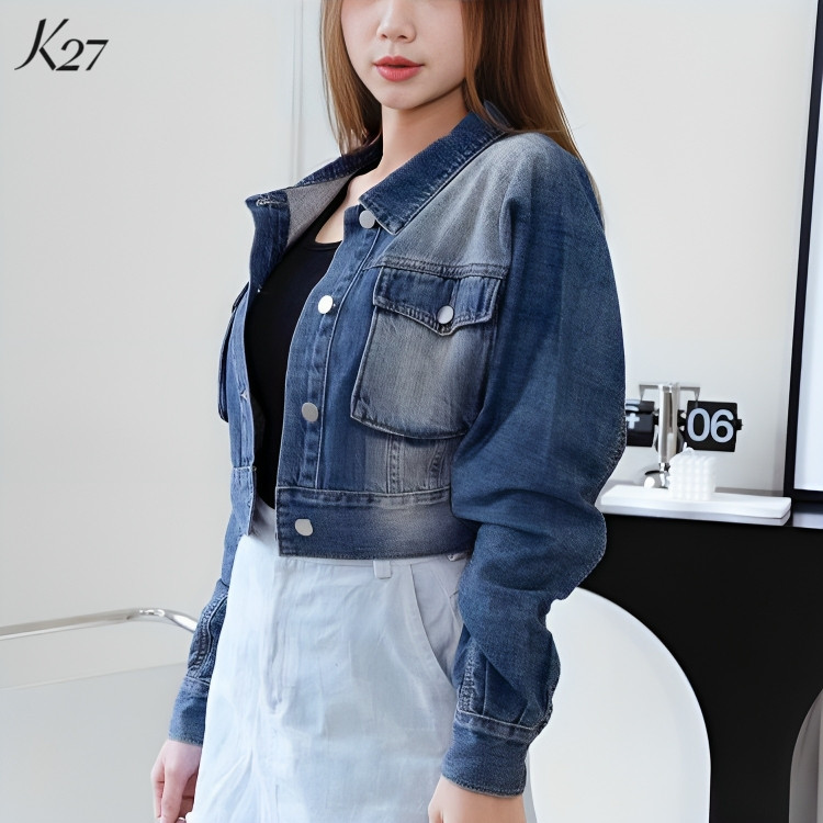 Áo khoác jeans nữ cao cấp màu xanh đậm thời trang hàng hiệu rosata k27