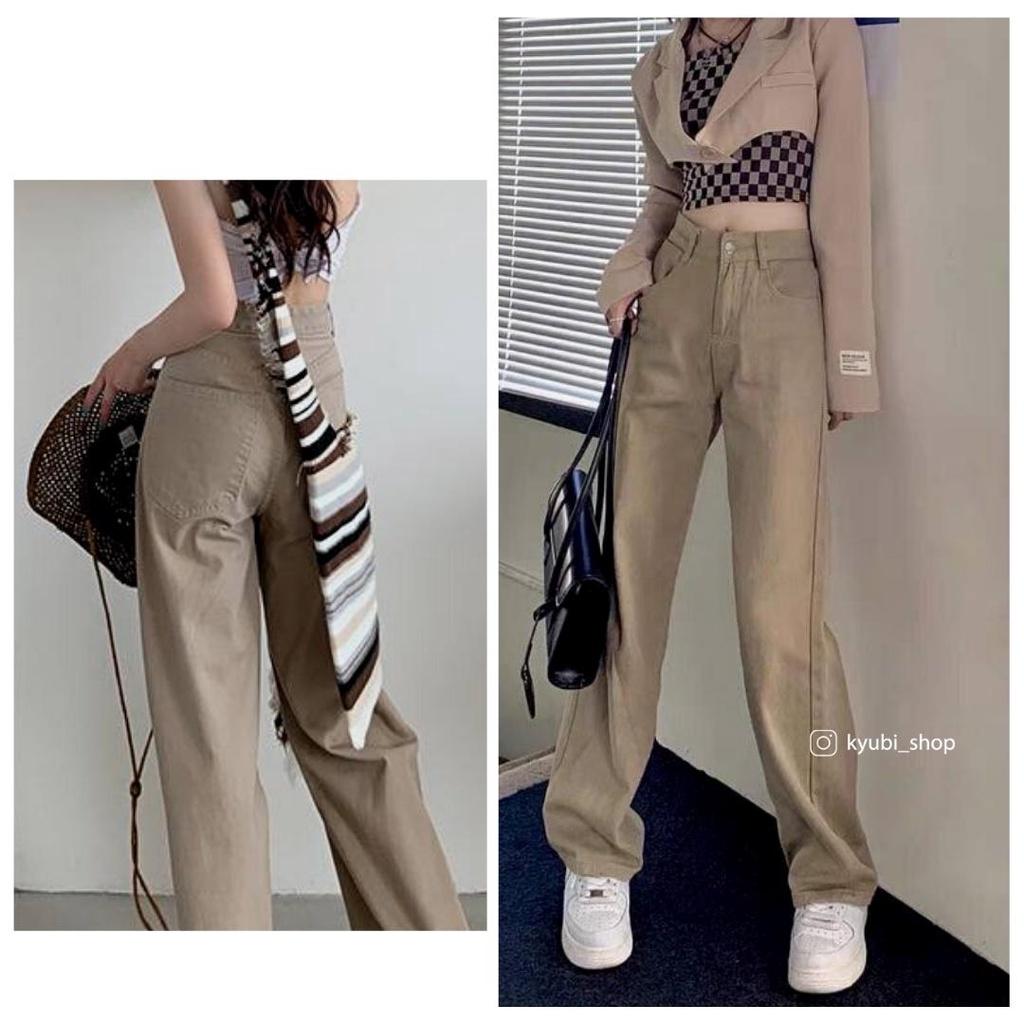 Quần jean kaki nữ ống suông ulzzang lưng cao màu nâu tây (có bigsize) - Quần jeans ống rộng 2 nút Kyubi NT2