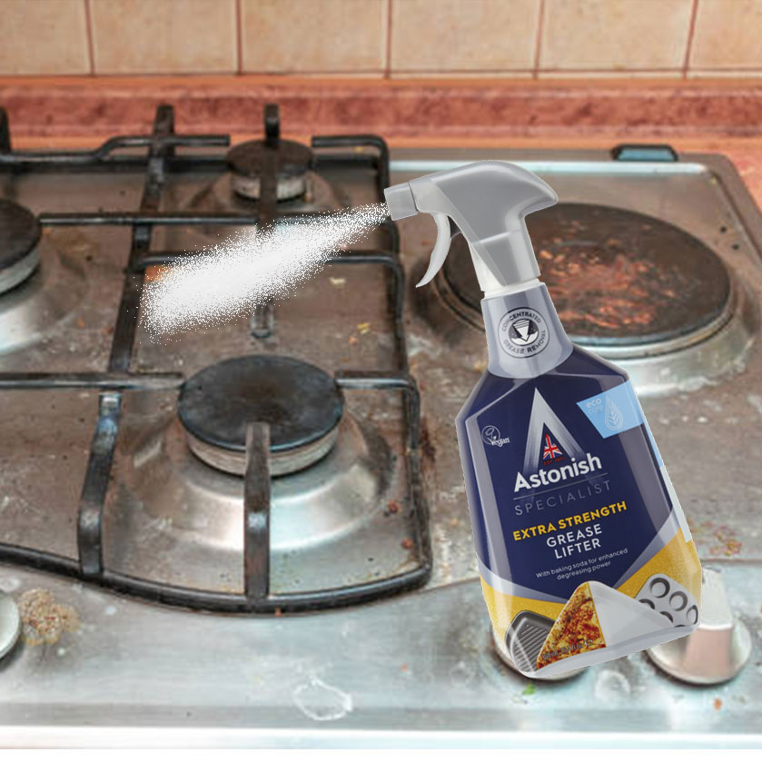 Siêu tẩy dầu mỡ cháy khét bếp Astonish tẩy sạch lưới lọc máy hút mùi, mặt bếp ga, bếp từ, tường gạch ốp. Chai 750ml