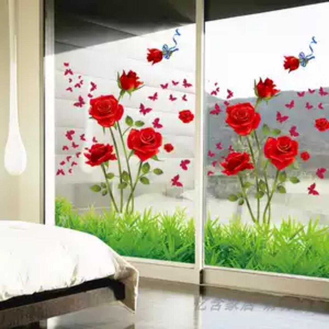 DECAL DÁN TƯỜNG ĐÔI HOA HỒNG NHUNG ĐỎ VÀ CHÂN TƯỜNG CỎ XANH