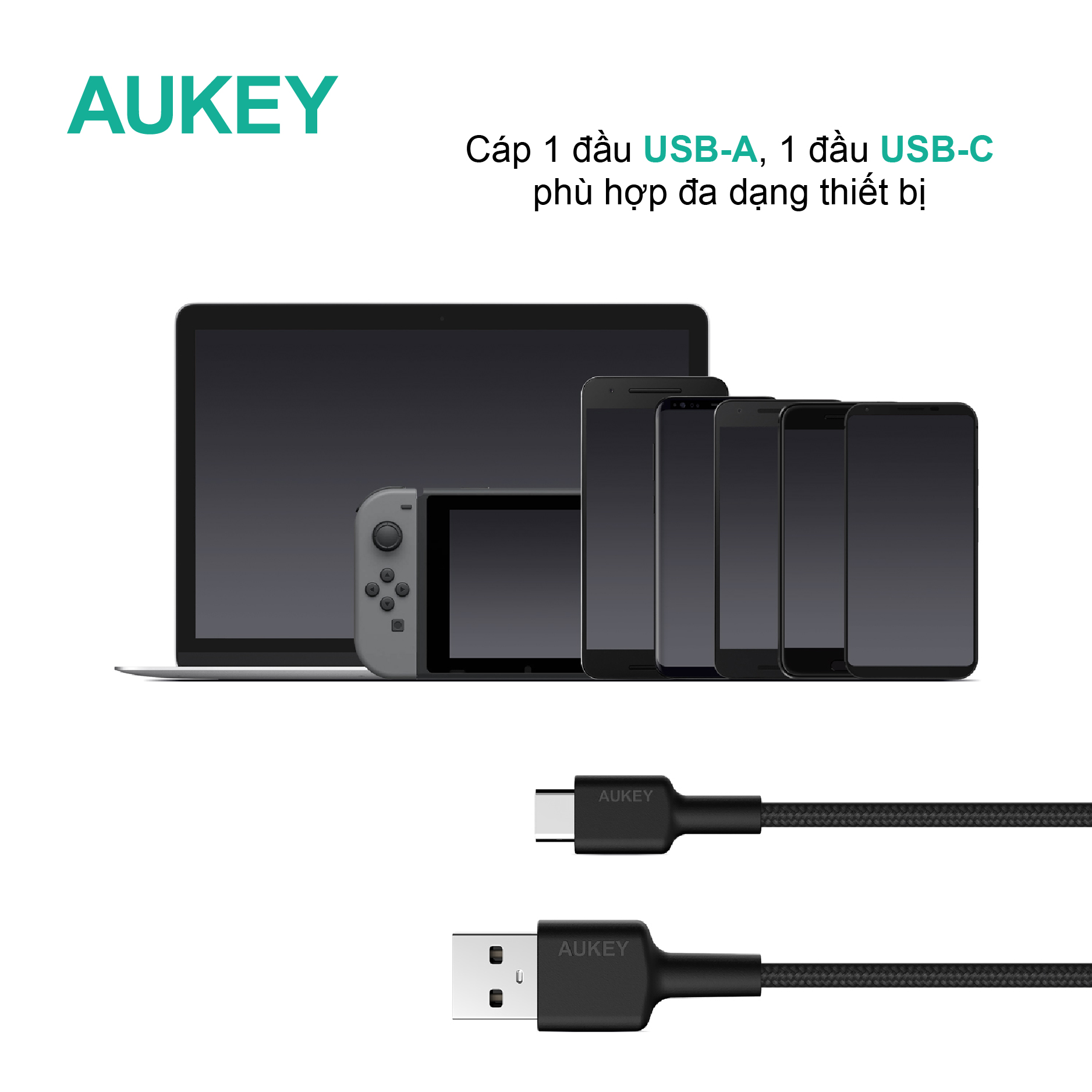 Cáp Aukey USB-A to USB-C dây dù 0.9 mét CB-CD30 hàng chính hãng