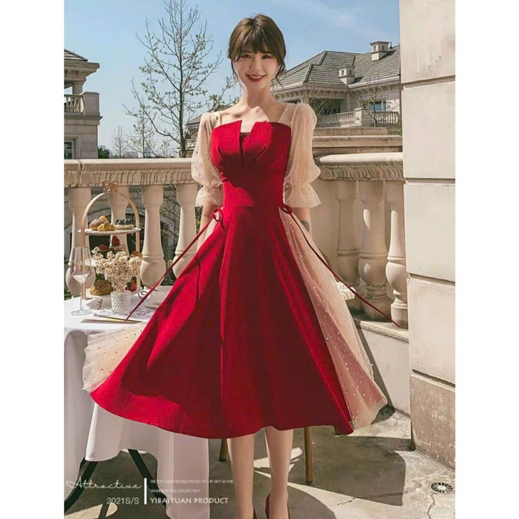 Váy đầm nữ dáng xòe cổ V phối lưới kim sa cột nơ xinh xắn