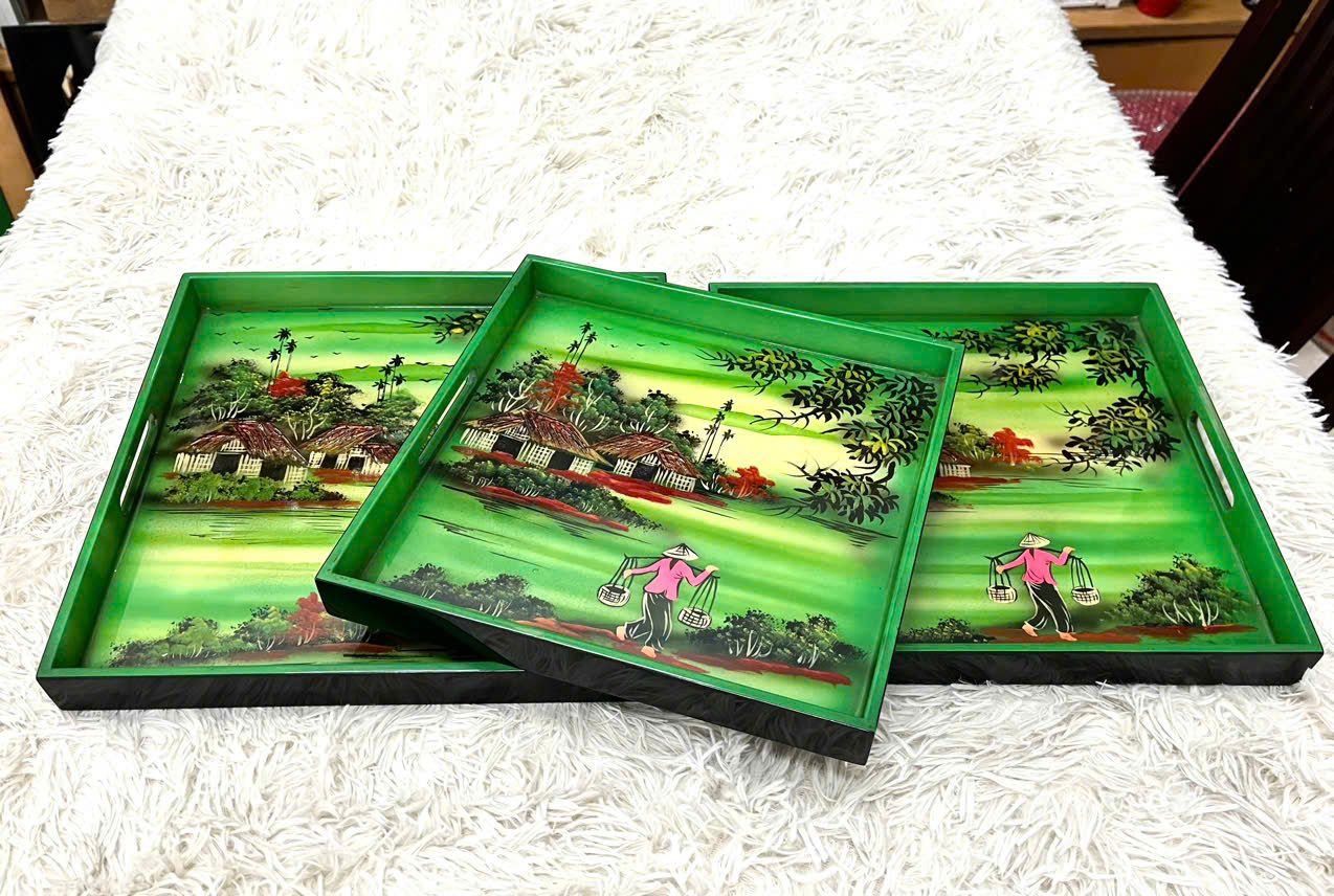 Bộ Ba Khay sơn mài phong cảnh đồng quê Việt Nam đẹp mắt, sang trọng, quà tặng ý nghĩa