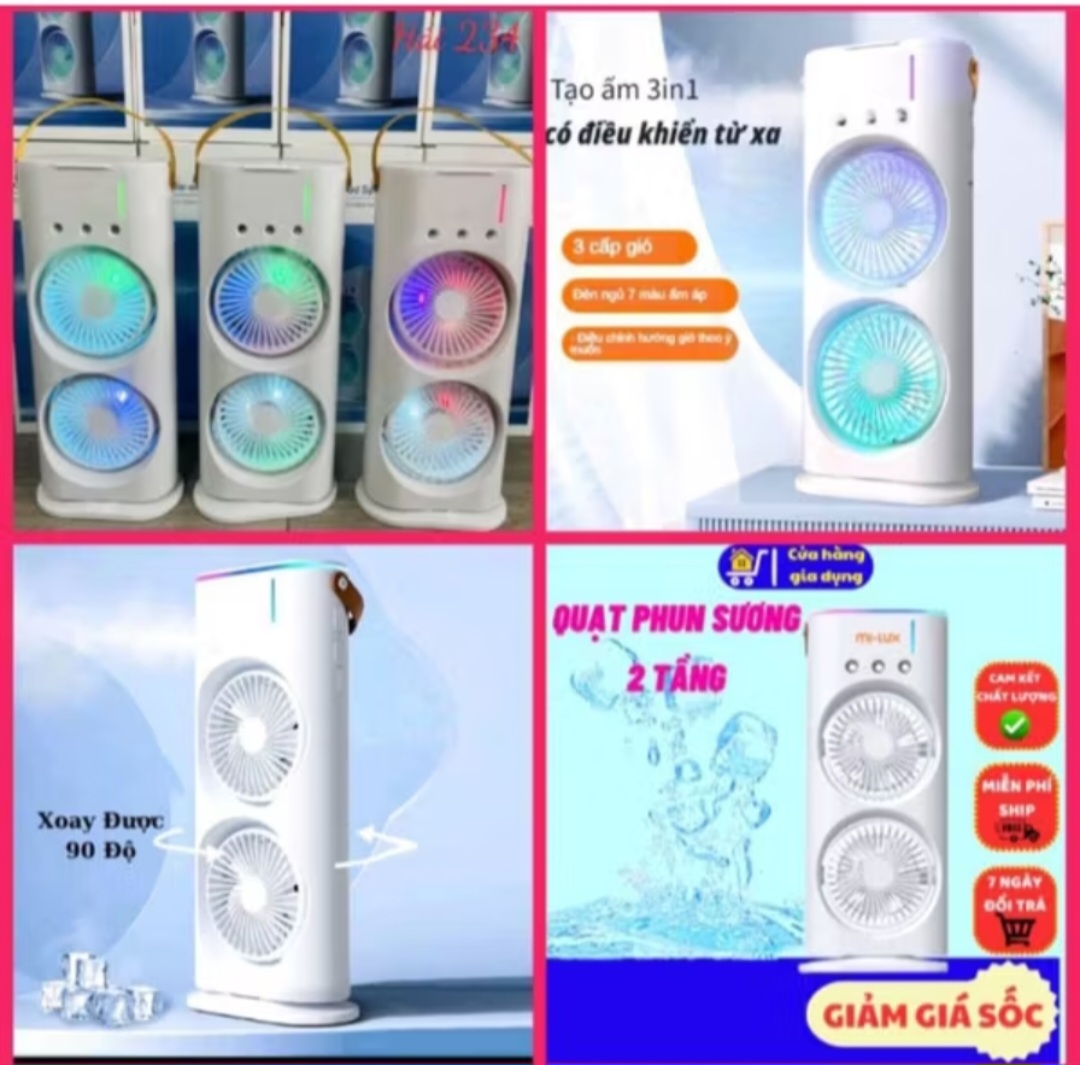 1 QUẠT GIÓ PHUN SƯƠNG 2 TẦNG GIÓ SIÊU MÁT LẠNH QUẠT SẠC PIN CÓ ĐIỀU KHIỂN TỪ XA