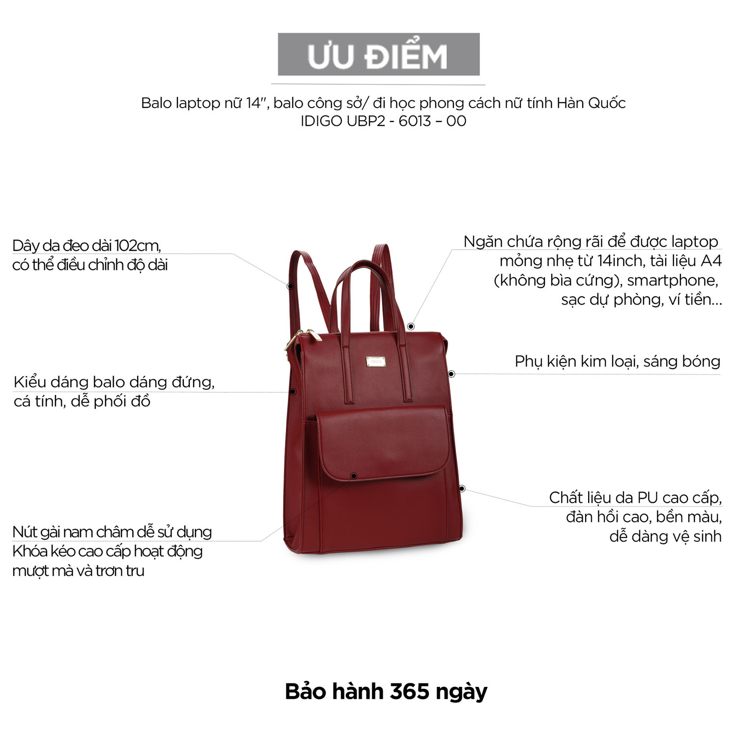 Balo laptop nữ 14", ba lô công sở/ đi học phong cách nữ tính Hàn Quốc, đựng máy tính 14inch IDIGO UBP2-6013