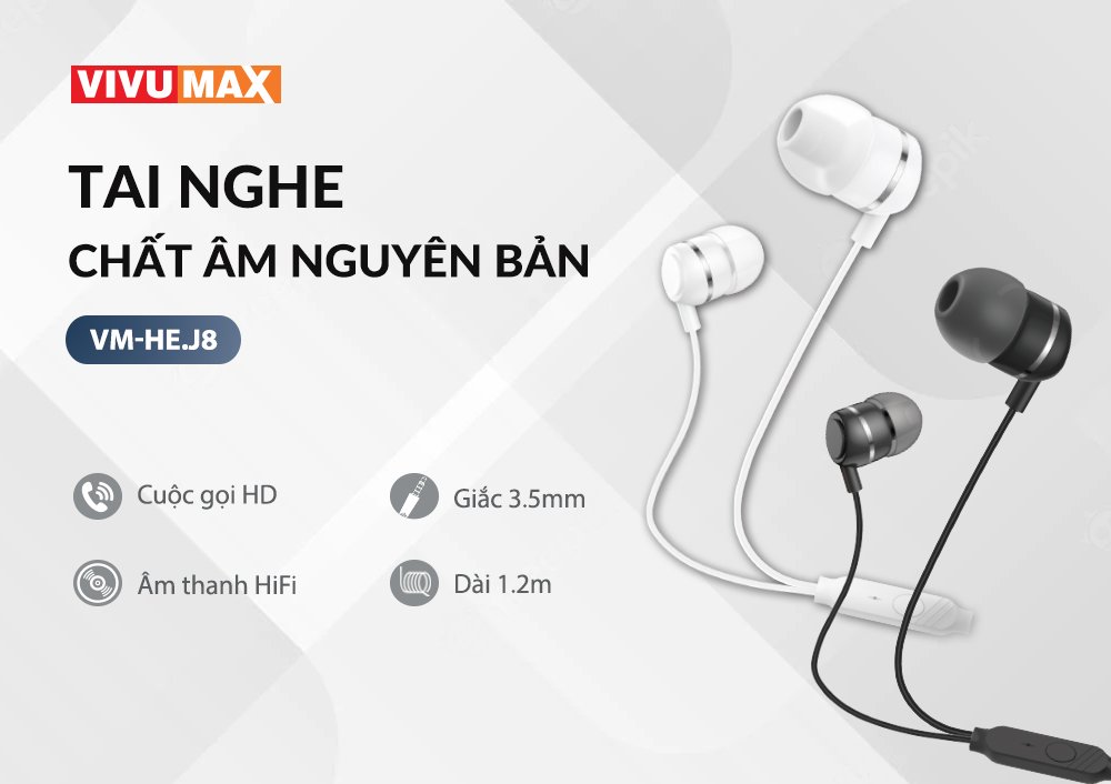 Tai nghe có dây Vivumax J8 có mút, dài 1,2m - Âm Thanh Nguyên Bản – Hàng Chính Hãng, Bảo Hành Chính Hãng