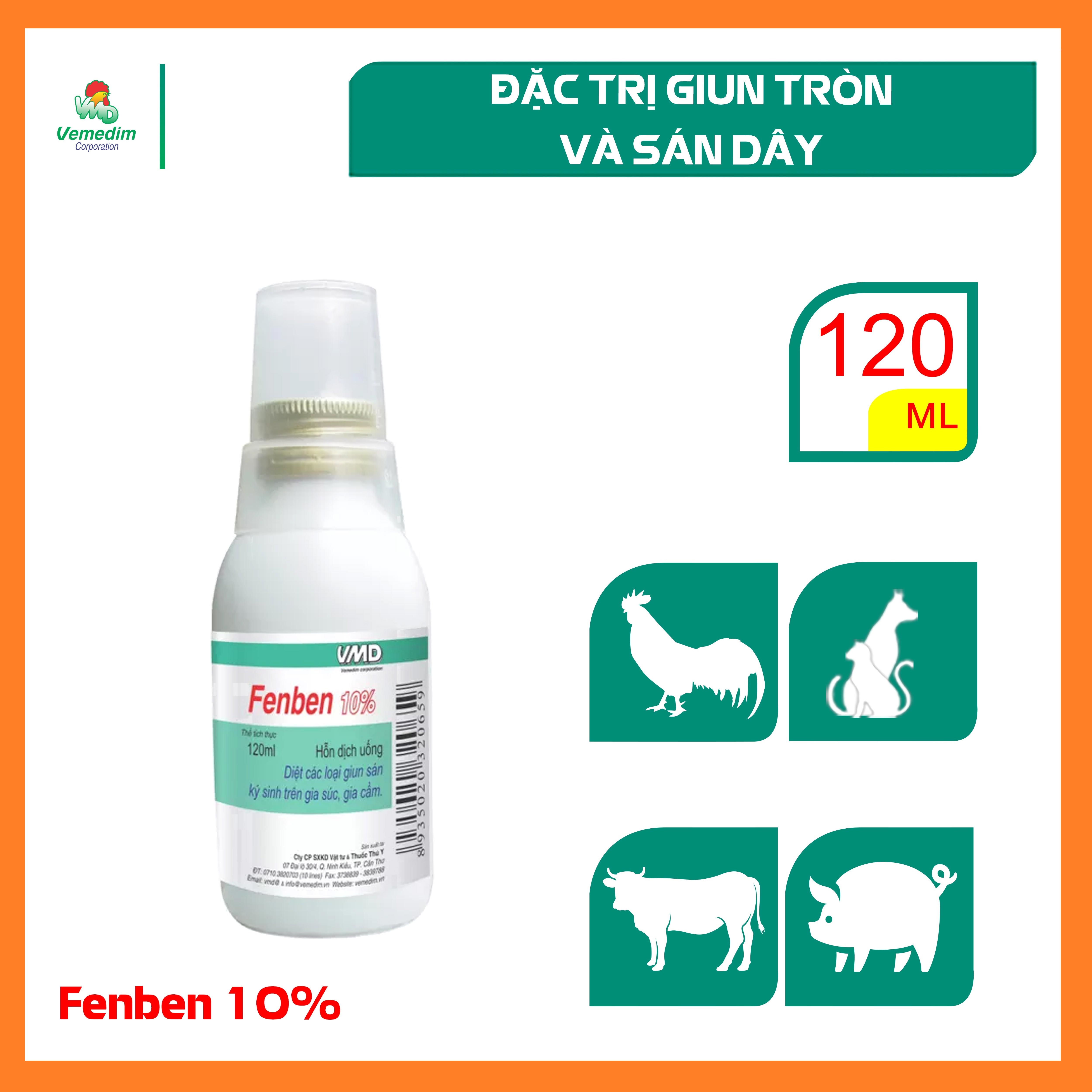 Fenben 10% (Fenbendazole) Đặc trị giun và sán cho chó, mèo, dùng được cho chó, mèo nhỏ và chó, mèo mang thai, Chai 120ml, Sản phẩm Vemedim