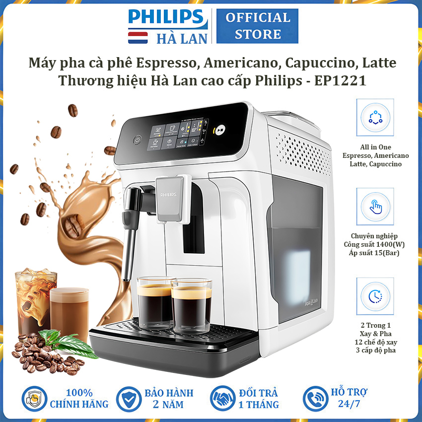 Máy pha cà phê Espresso, Americano tự động và Capuccino, Latte thương hiệu Hà Lan cao cấp Philips EP1221/69 - Hàng chính hãng