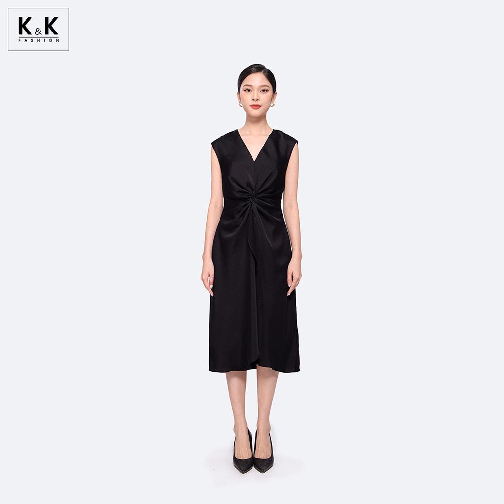 Đầm Midi Đen Dự Tiệc Cổ V Sát Nách Xoắn Eo K&amp;K Fashion KK130-25 Chất Liệu Silk