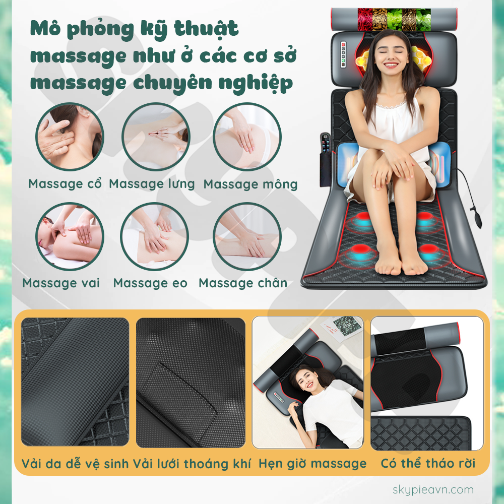 Đệm Massage Toàn Thân Hồng Ngoại - Chất Liệu Da PU Cao Cấp - Phiên Bản 2022 - Tích Hợp Nhiều Tính Năng Massage - Đệm Mát Xa Toàn Thân