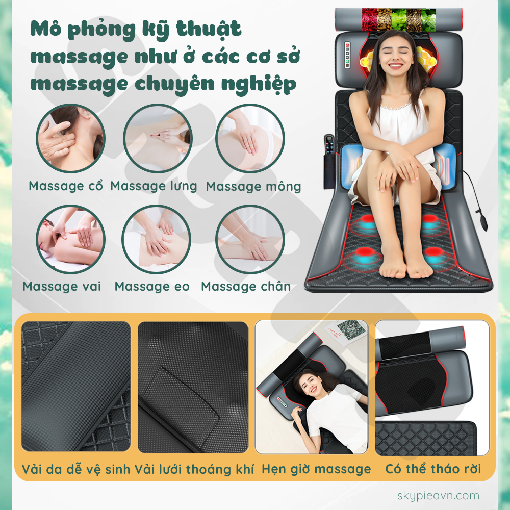 Đệm massage toàn thân hồng ngoại da PU - thương hiệu SKYPIEA - model SK-2214 - mát xa cổ, vai, gáy - gối massage