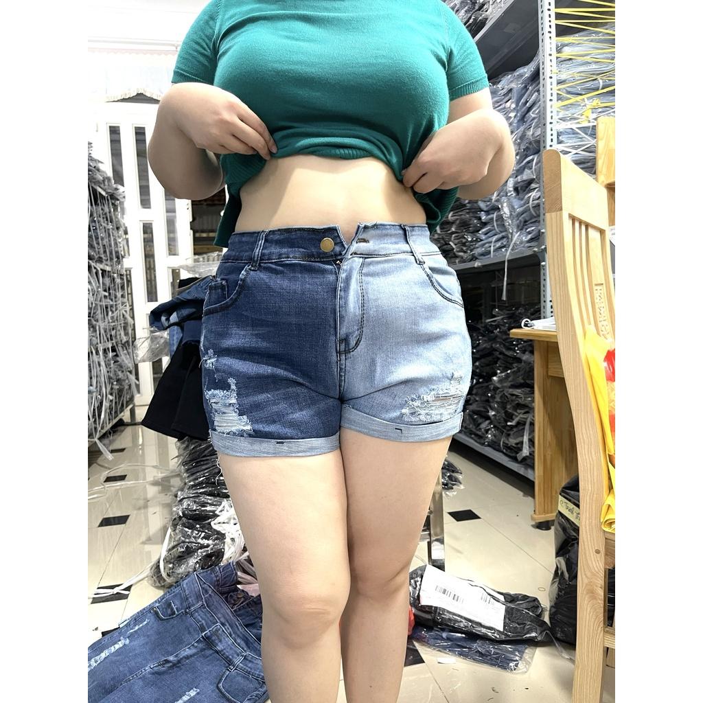 Quần short jean nữ BigSize lưng cao, co dãn mạnh, xăn lai, phom hơi rộng, không bó sát đùi 4134 molijean