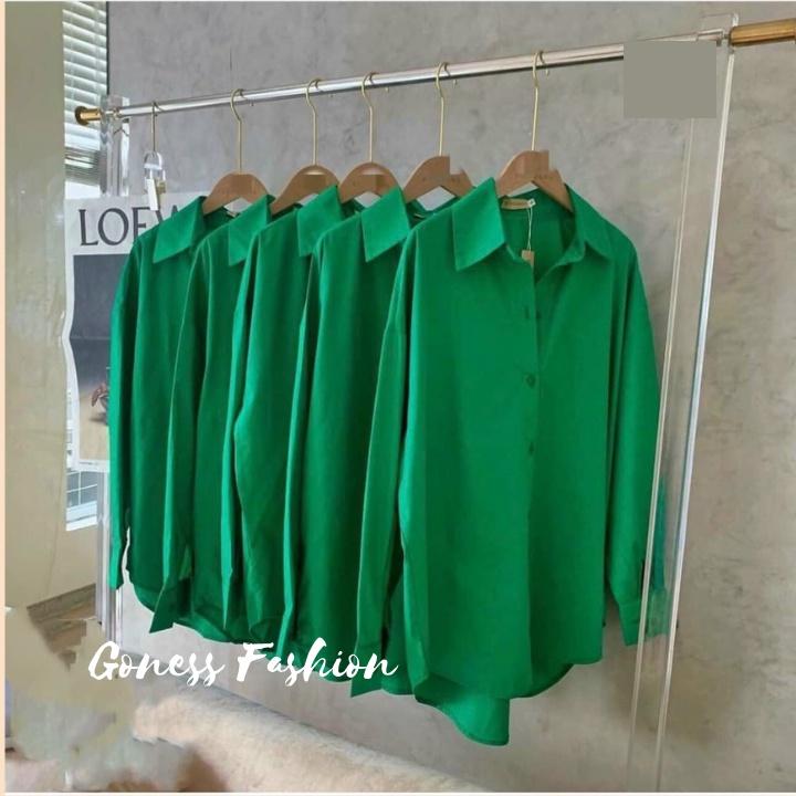 Áo sơ mi nữ Goness dài tay form rộng kiểu sơmi màu xanh trơn đẹp thời trang công sở đi học